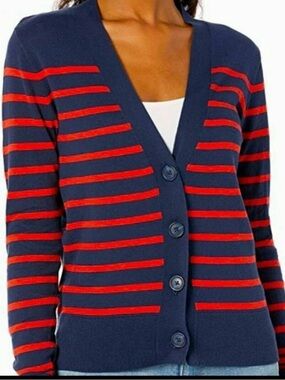 EUC J Crew navy and red striped cardigan size small.